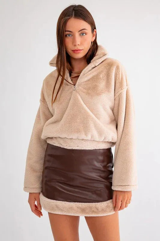 Vegan Fur Half Zip Up Elastic Waist Fuzzy Jacket - Tasha Apparel Wholesale
