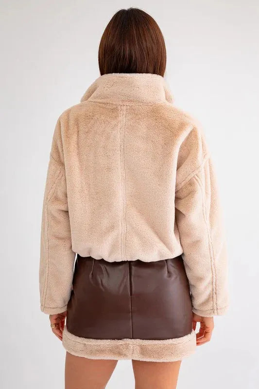 Vegan Fur Half Zip Up Elastic Waist Fuzzy Jacket - Tasha Apparel Wholesale