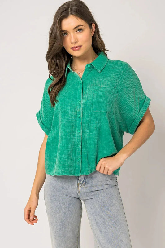 Short Sleeve Washed Double Gquze Blouse - Tasha Apparel Wholesale
