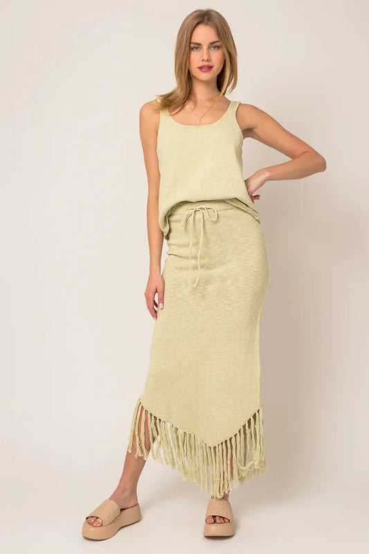 Crop Tank Top & Tassel Knitted Midi Skirt Set - Tasha Apparel Wholesale