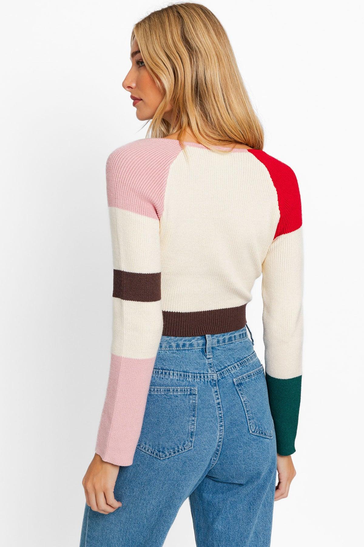 Long Sleeve Color Block Crop Stripe Knit Top - Tasha Apparel Wholesale