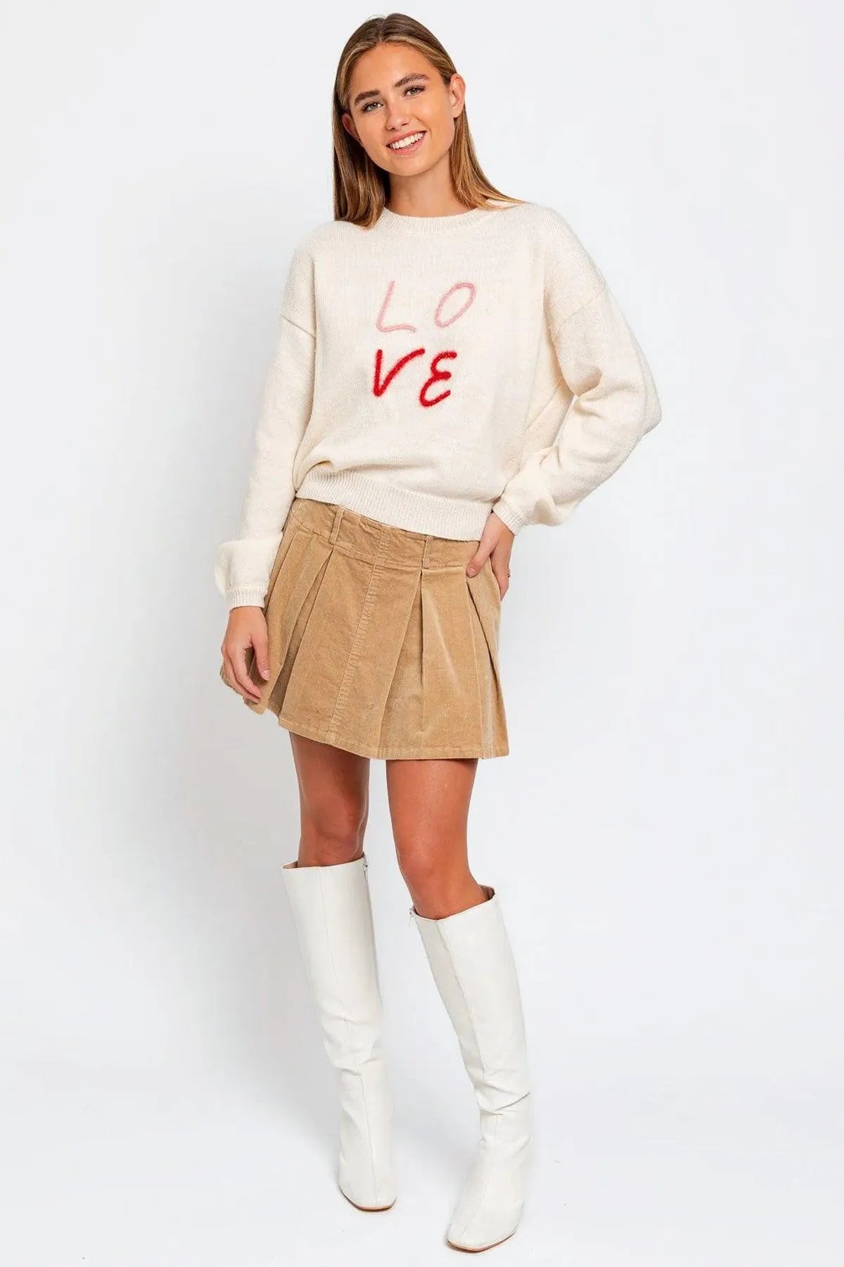 Round Neck "LOVE" Embroidered Pullover Knit Sweater - Tasha Apparel Wholesale
