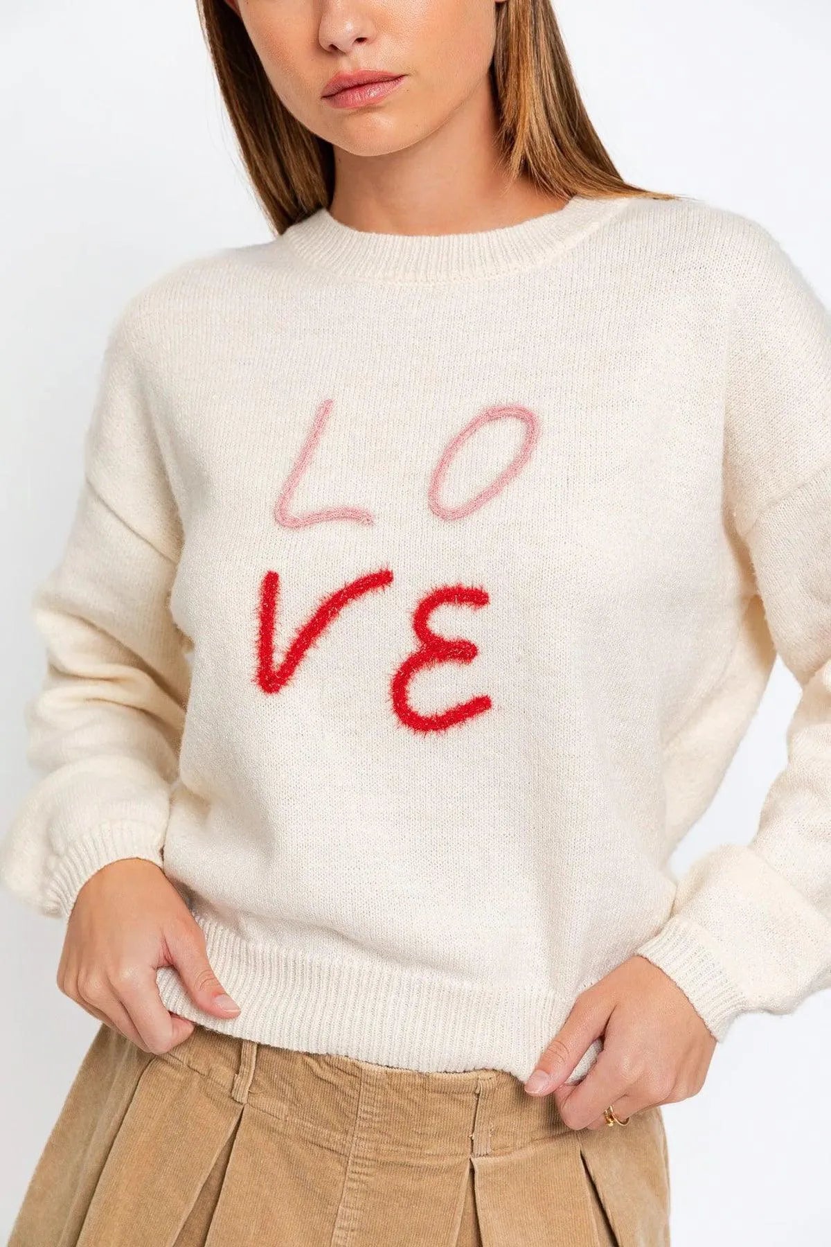 Round Neck "LOVE" Embroidered Pullover Knit Sweater - Tasha Apparel Wholesale