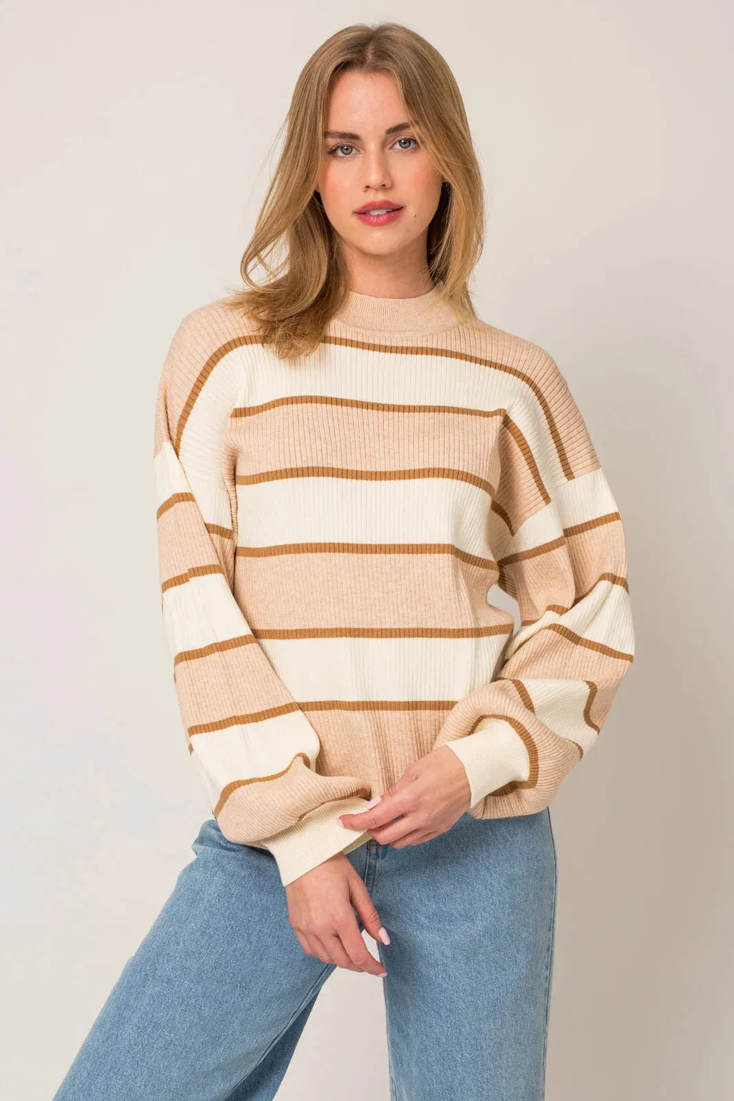 Stripe Mock Neck Long Wide Sleeve Sweater - Tasha Apparel Wholesale