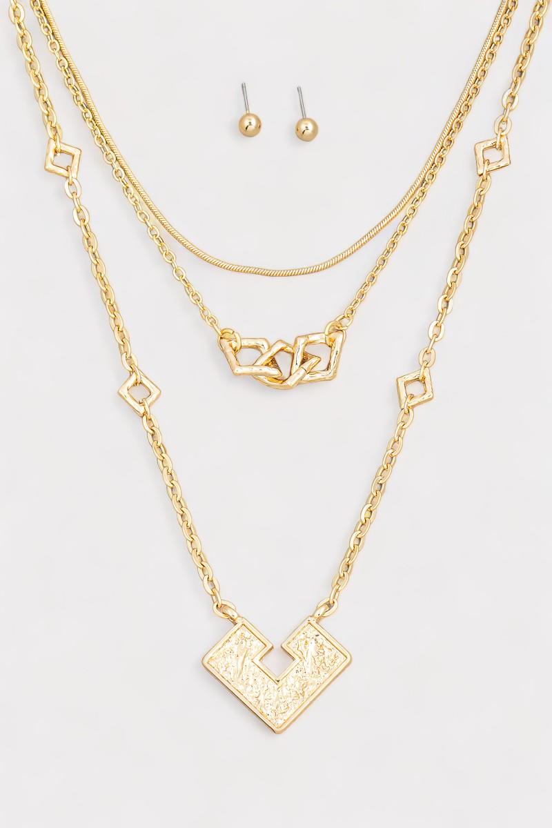 Square Shape Pendant Layered Chain Necklace & Ball Earrings Set - Tasha Apparel Wholesale