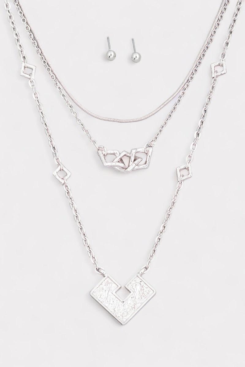 Square Shape Pendant Layered Chain Necklace & Ball Earrings Set - Tasha Apparel Wholesale