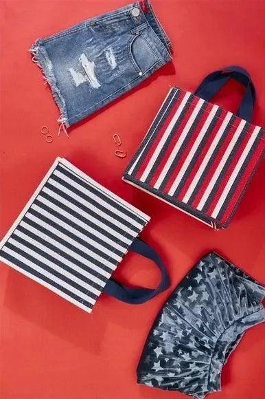 Navy Blue White Striped Structured Fashionable Tote Bag - Tasha Apparel Wholesale