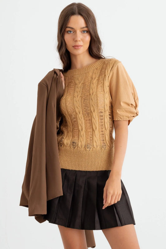 Nude Distressed Cable Knit Puff Short Sleeve Sweater /2-2-2 - Tasha Apparel Wholesale