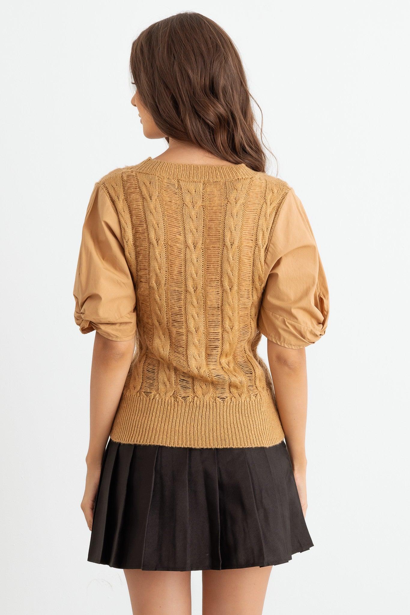 Nude Distressed Cable Knit Puff Short Sleeve Top - Back