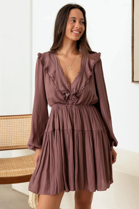 Boho Balloon Sleeve Lace Up Back Satin Mini Dress - Tasha Apparel Wholesale