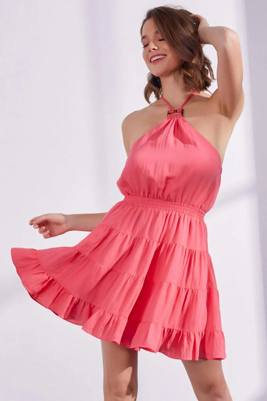 Ruffle Marble Buckle Detailed Halter Dress - Tasha Apparel Wholesale