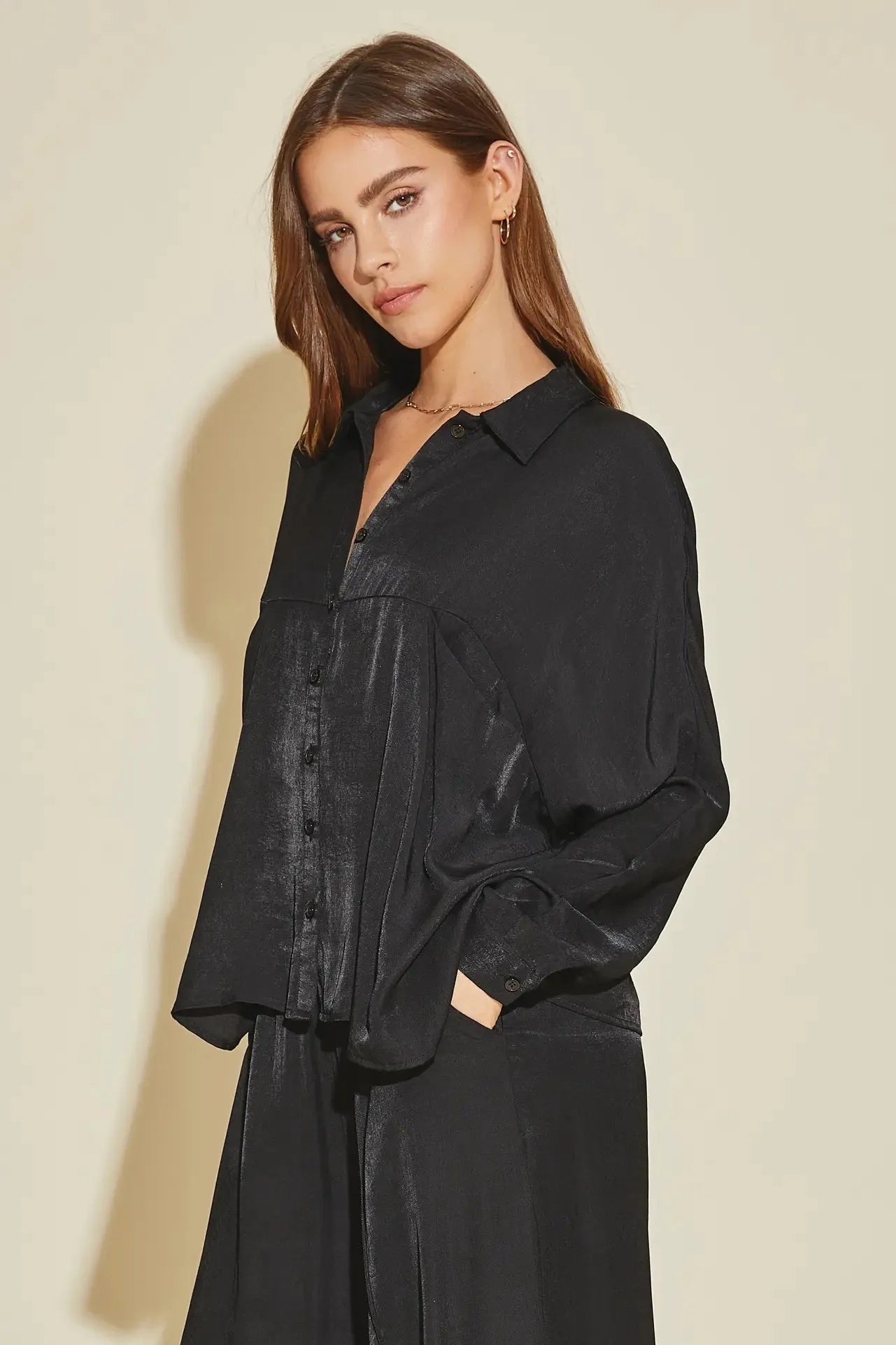 Luxe Satin Button-Down Oversized Flare Shirt - Tasha Apparel Wholesale