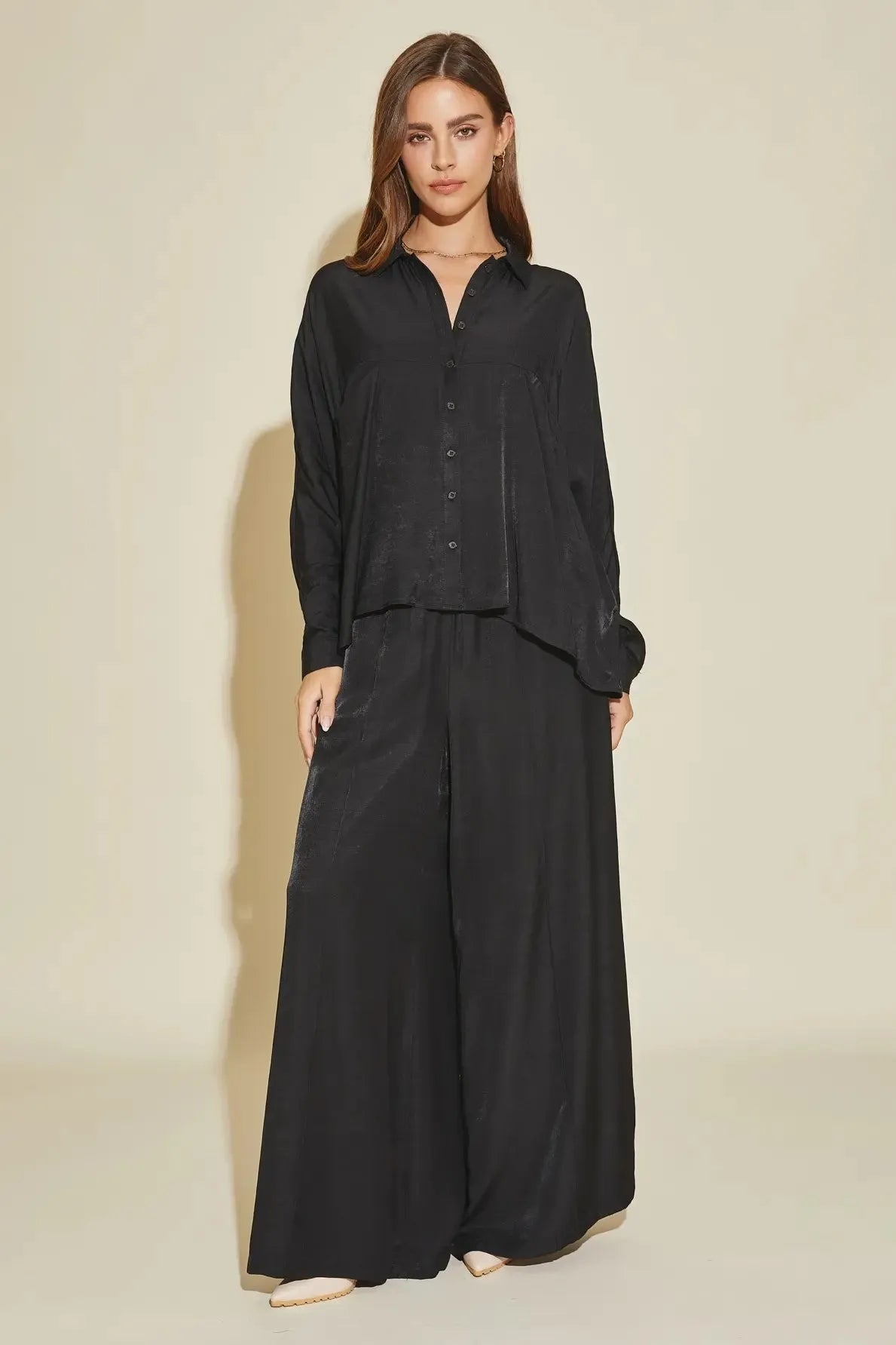 Luxe Satin Button-Down Oversized Flare Shirt - Tasha Apparel Wholesale