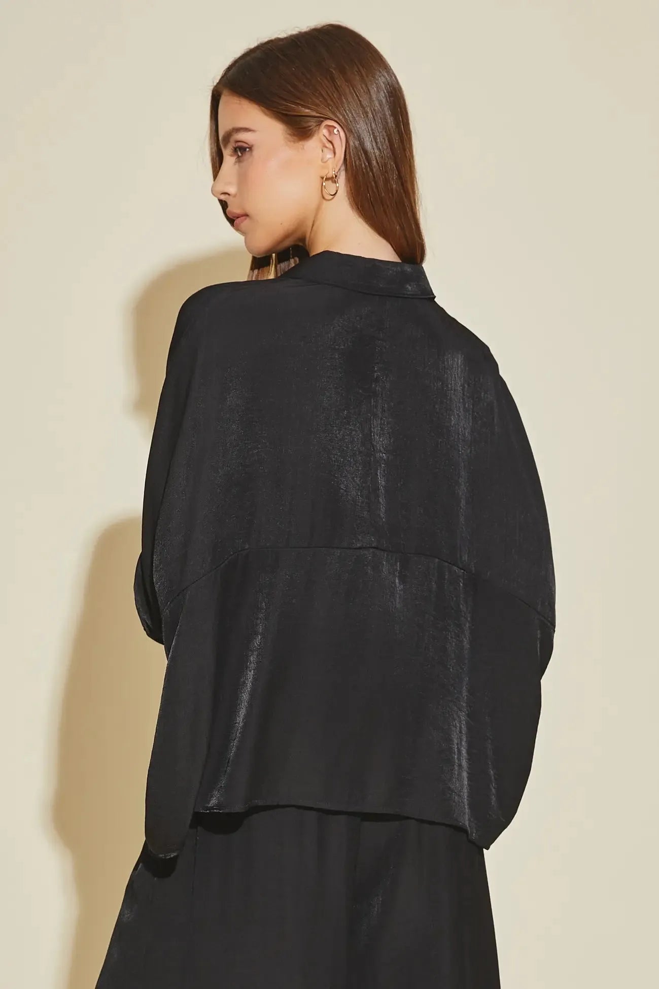 Luxe Satin Button-Down Oversized Flare Shirt - Tasha Apparel Wholesale