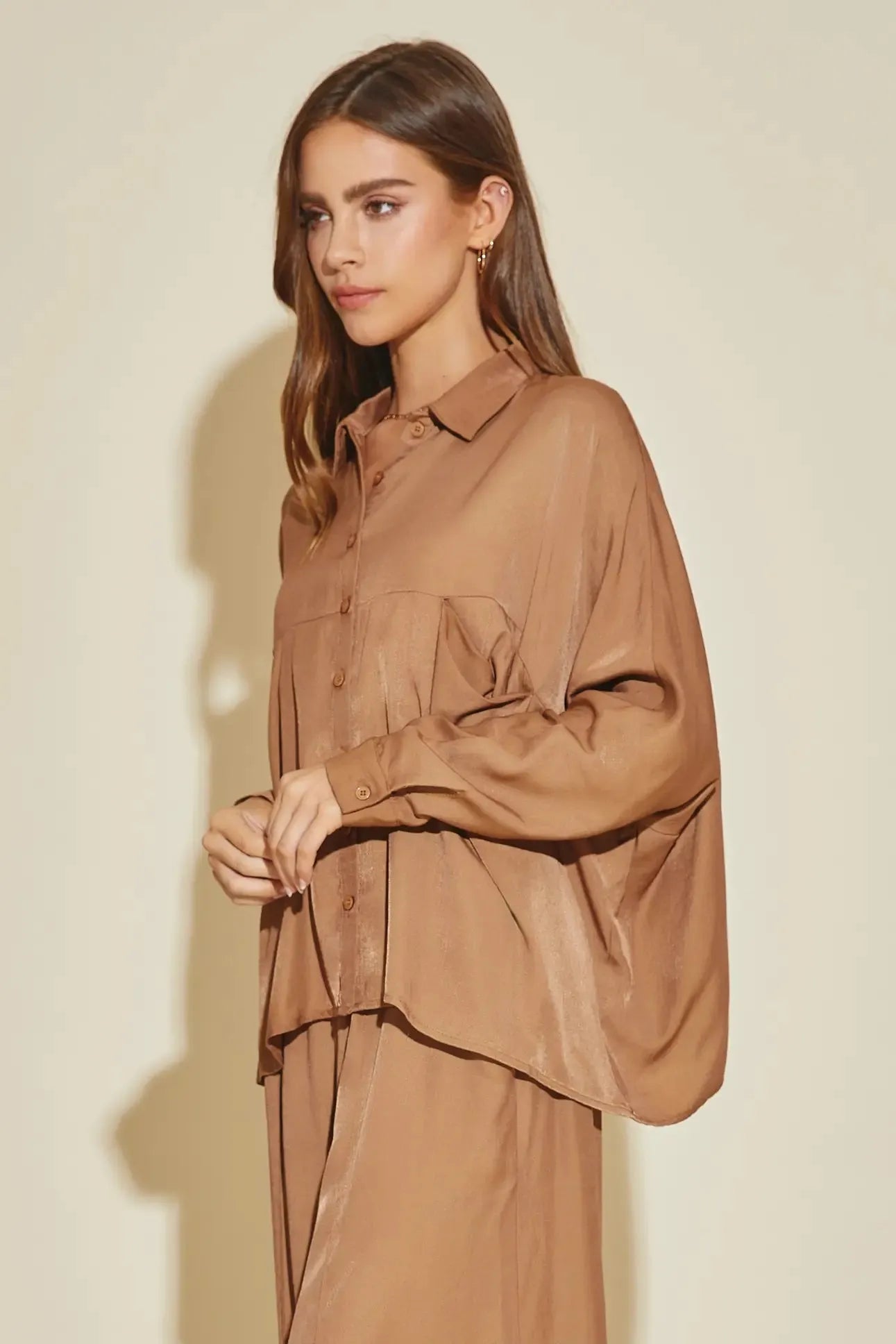 Luxe Satin Button-Down Oversized Flare Shirt - Tasha Apparel Wholesale