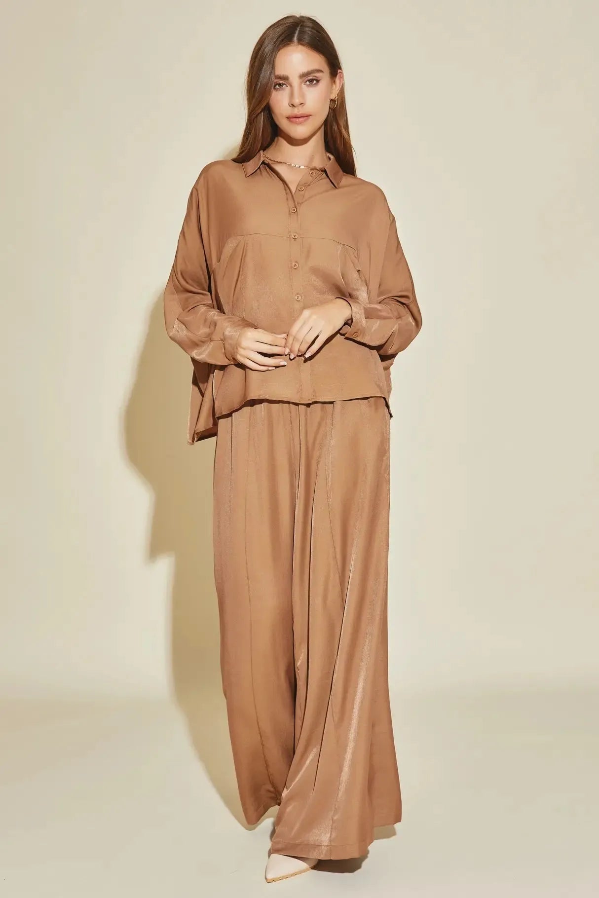 Luxe Satin Button-Down Oversized Flare Shirt - Tasha Apparel Wholesale