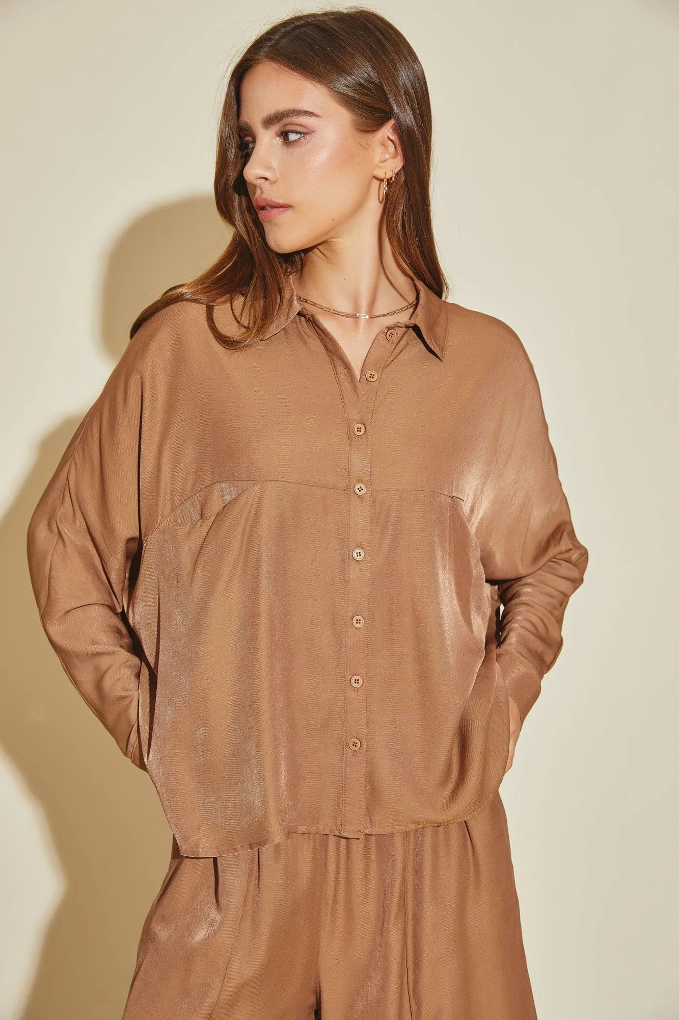Luxe Satin Button-Down Oversized Flare Shirt - Tasha Apparel Wholesale