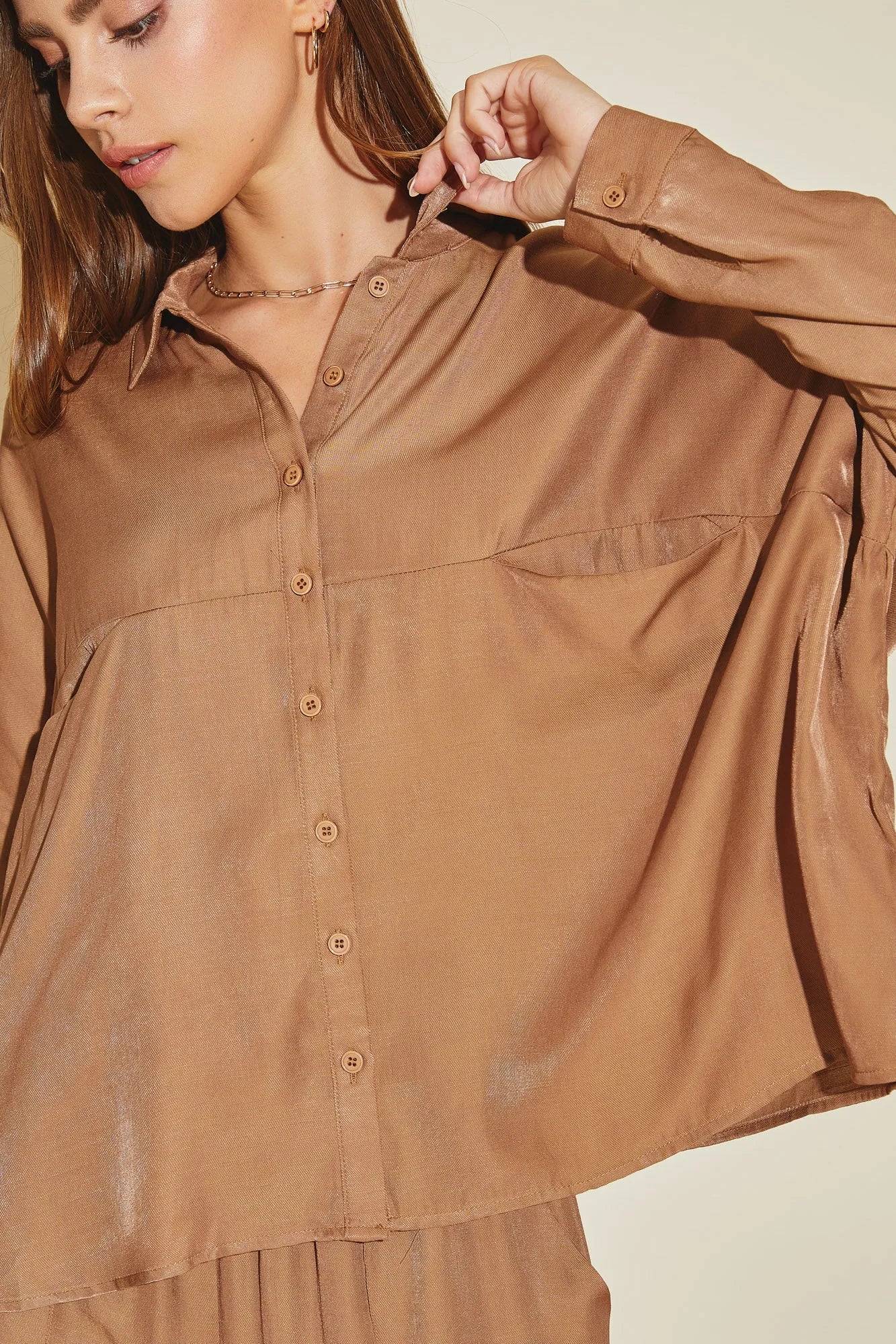 Luxe Satin Button-Down Oversized Flare Shirt - Tasha Apparel Wholesale