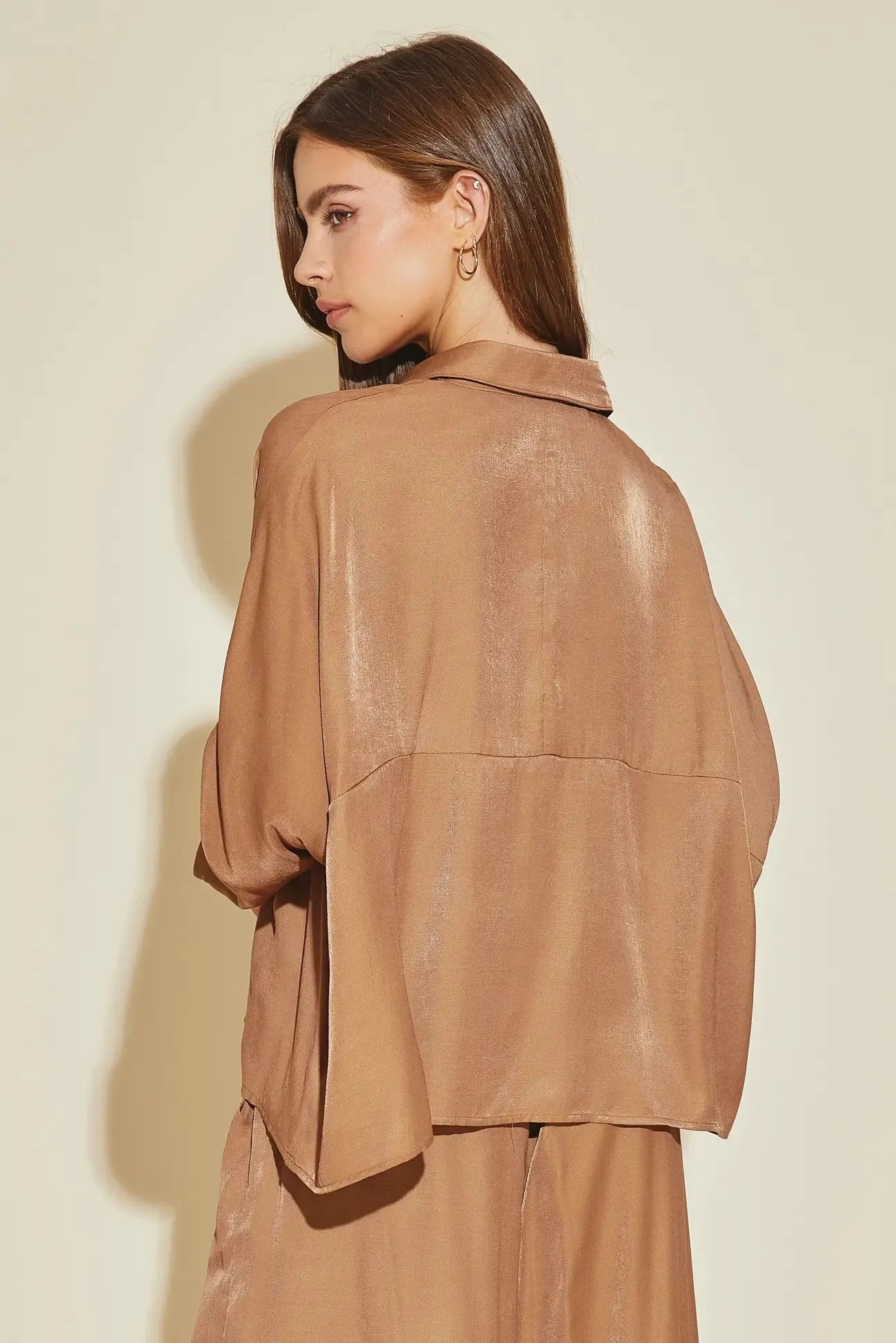 Luxe Satin Button-Down Oversized Flare Shirt - Tasha Apparel Wholesale
