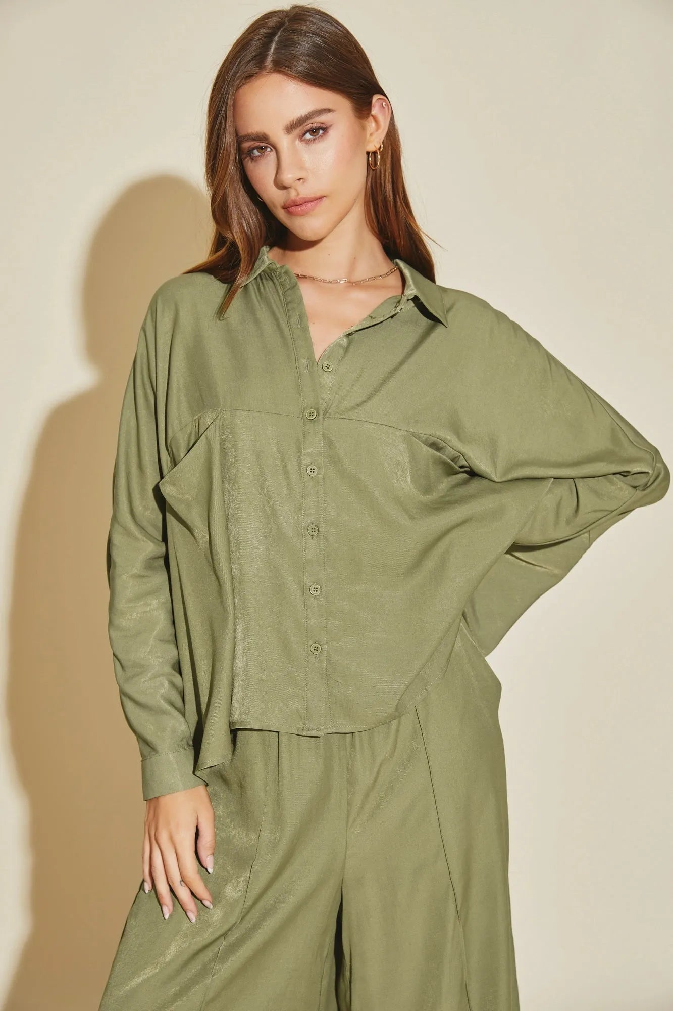 Luxe Satin Button-Down Oversized Flare Shirt - Tasha Apparel Wholesale