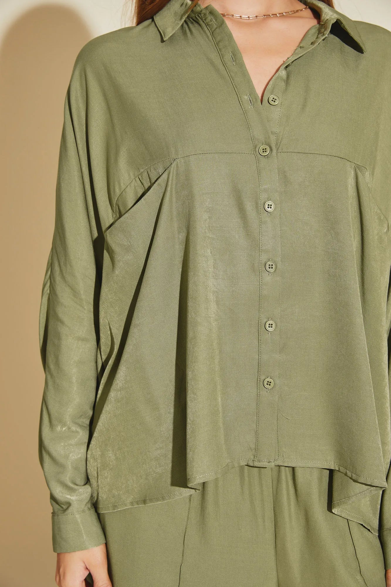 Luxe Satin Button-Down Oversized Flare Shirt - Tasha Apparel Wholesale