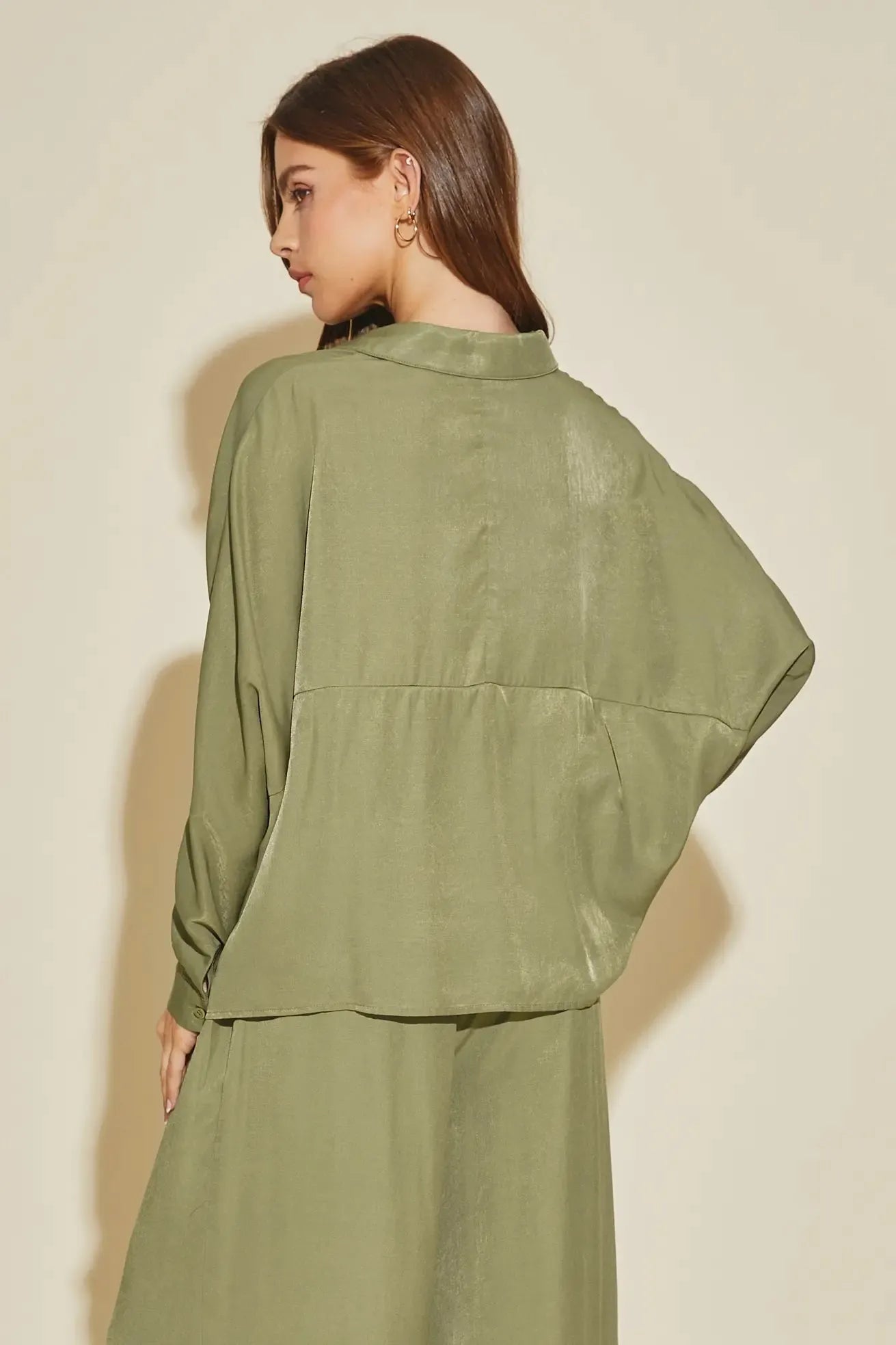 Luxe Satin Button-Down Oversized Flare Shirt - Tasha Apparel Wholesale