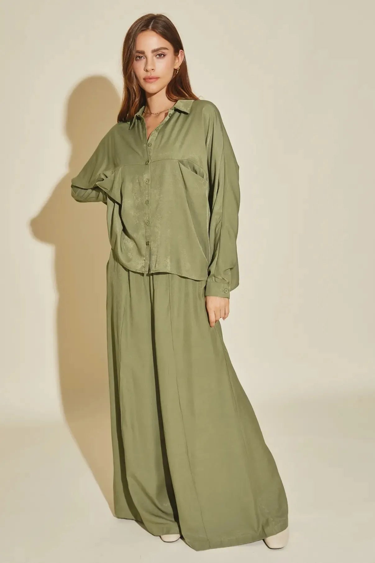 Luxe Satin Button-Down Oversized Flare Shirt - Tasha Apparel Wholesale
