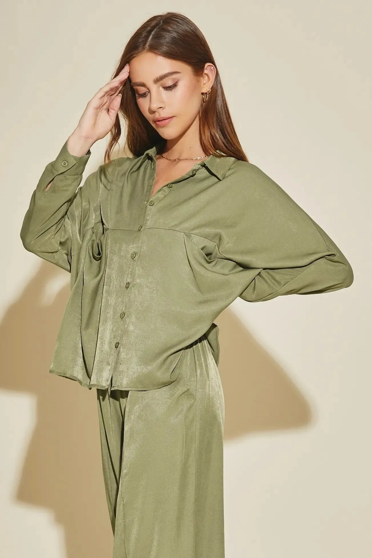Luxe Satin Button-Down Oversized Flare Shirt - Tasha Apparel Wholesale