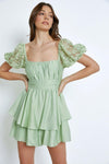 Lace Sleeve Back Tie Ruffle Tiered Mini Romper Dress - Tasha Apparel Wholesale