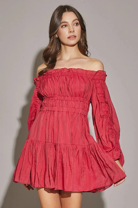 Off The Shoulder Shirred Tiered Hem Mini Dress - Tasha Apparel Wholesale