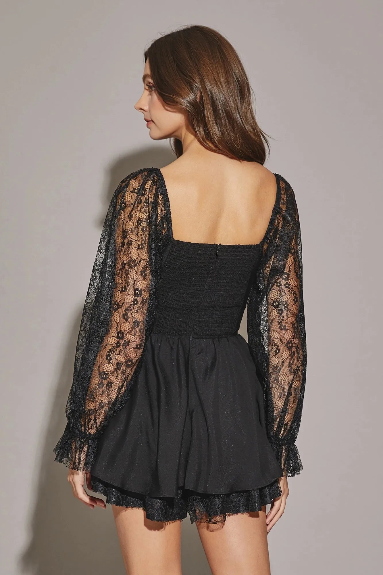 Lace Long Sleeve Flare Layered Silhouette Mini Dress Lace Long Sleeve Flare Layered Silhouette Mini Dress