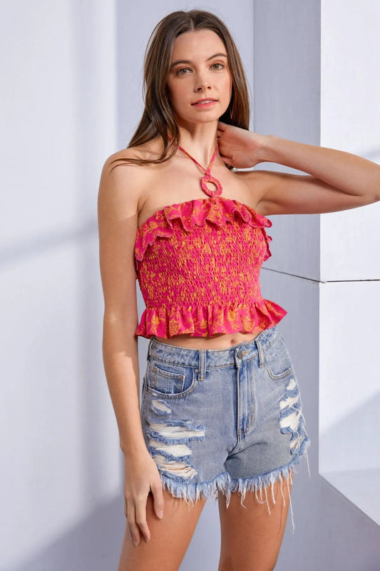 O-ring Smocked Floral Print Halter Crop Top - Tasha Apparel Wholesale