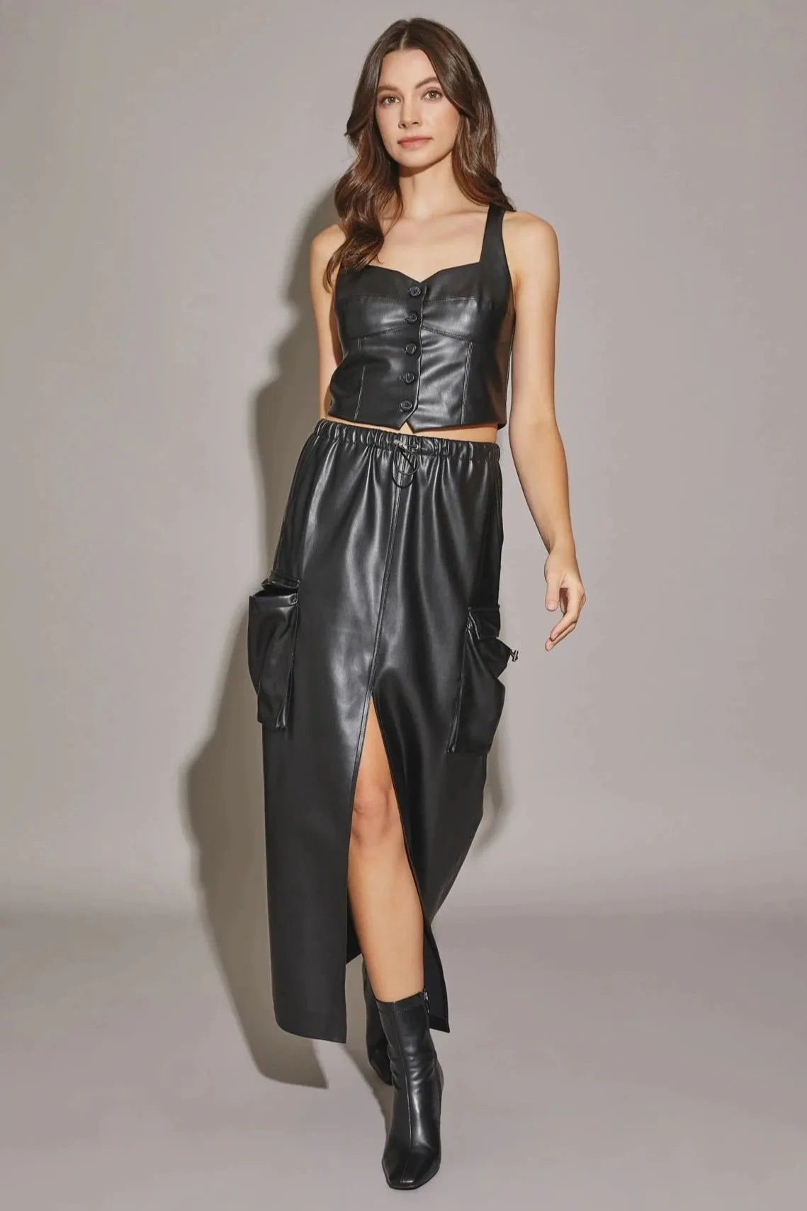 Vegan Leather Front Slit Cargo Drawstring Midi Skirt - Tasha Apparel Wholesale