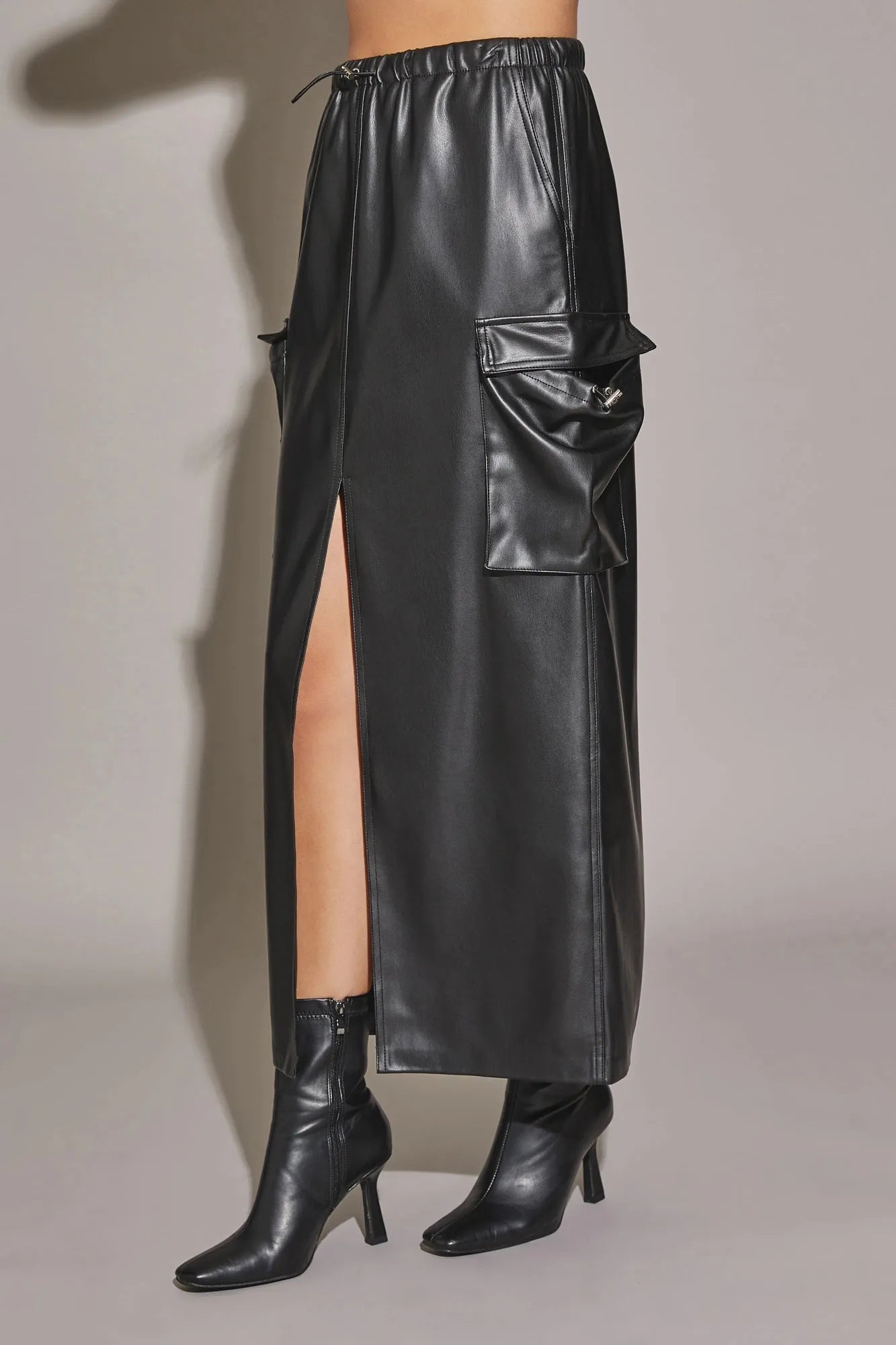 Vegan Leather Front Slit Cargo Drawstring Midi Skirt - Tasha Apparel Wholesale