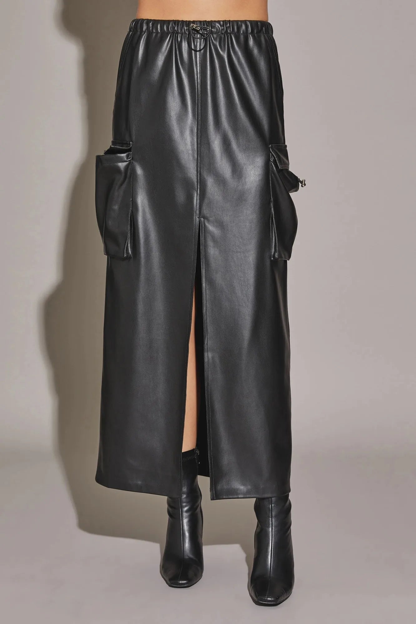 Vegan Leather Front Slit Cargo Drawstring Midi Skirt - Tasha Apparel Wholesale