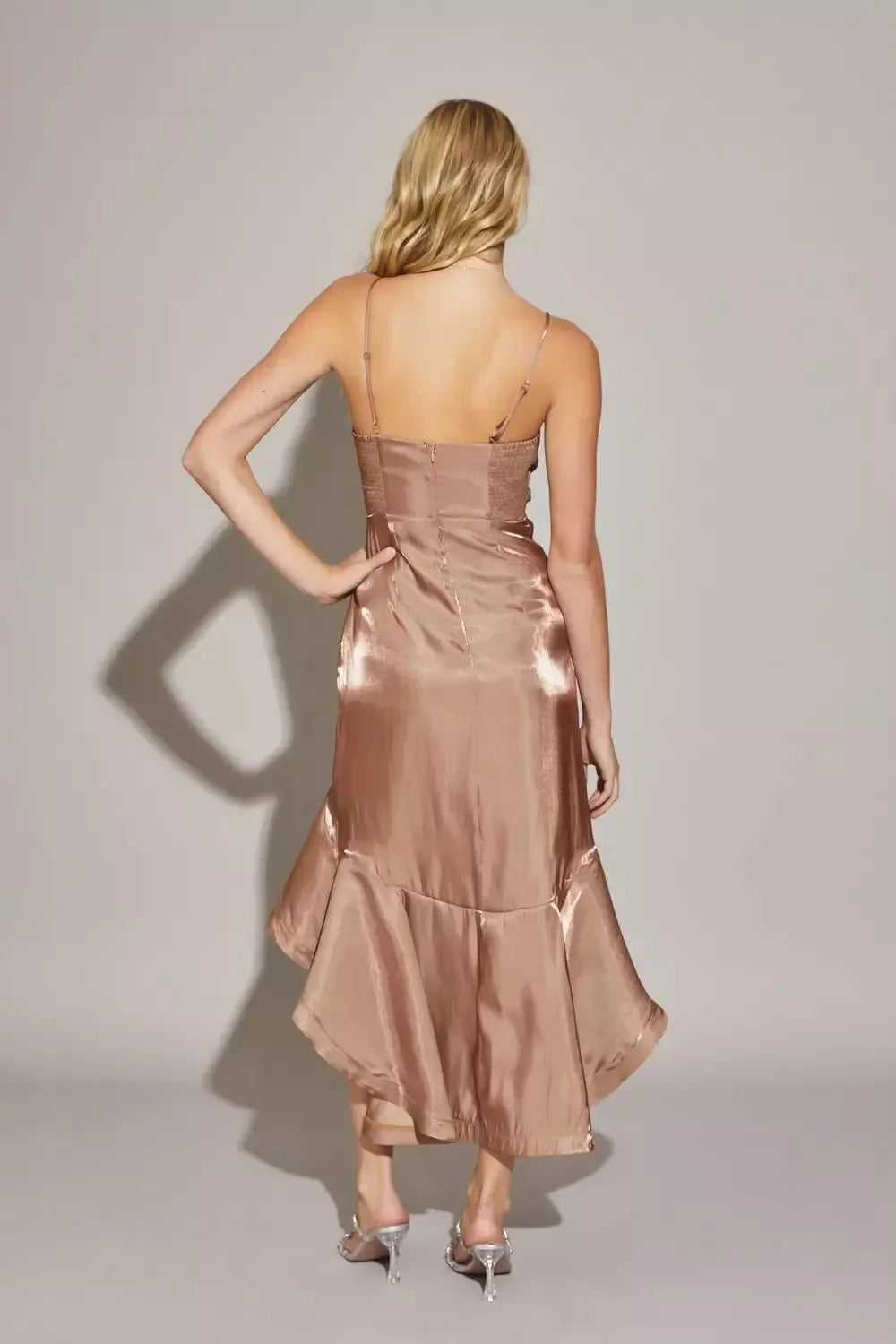 Satin Asymmetric Ruffle Wrap High Low Midi Dress