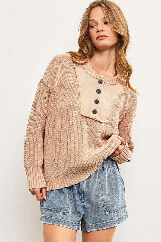 Cotton Front Quarter Button Cable Knit Sweater - Tasha Apparel Wholesale