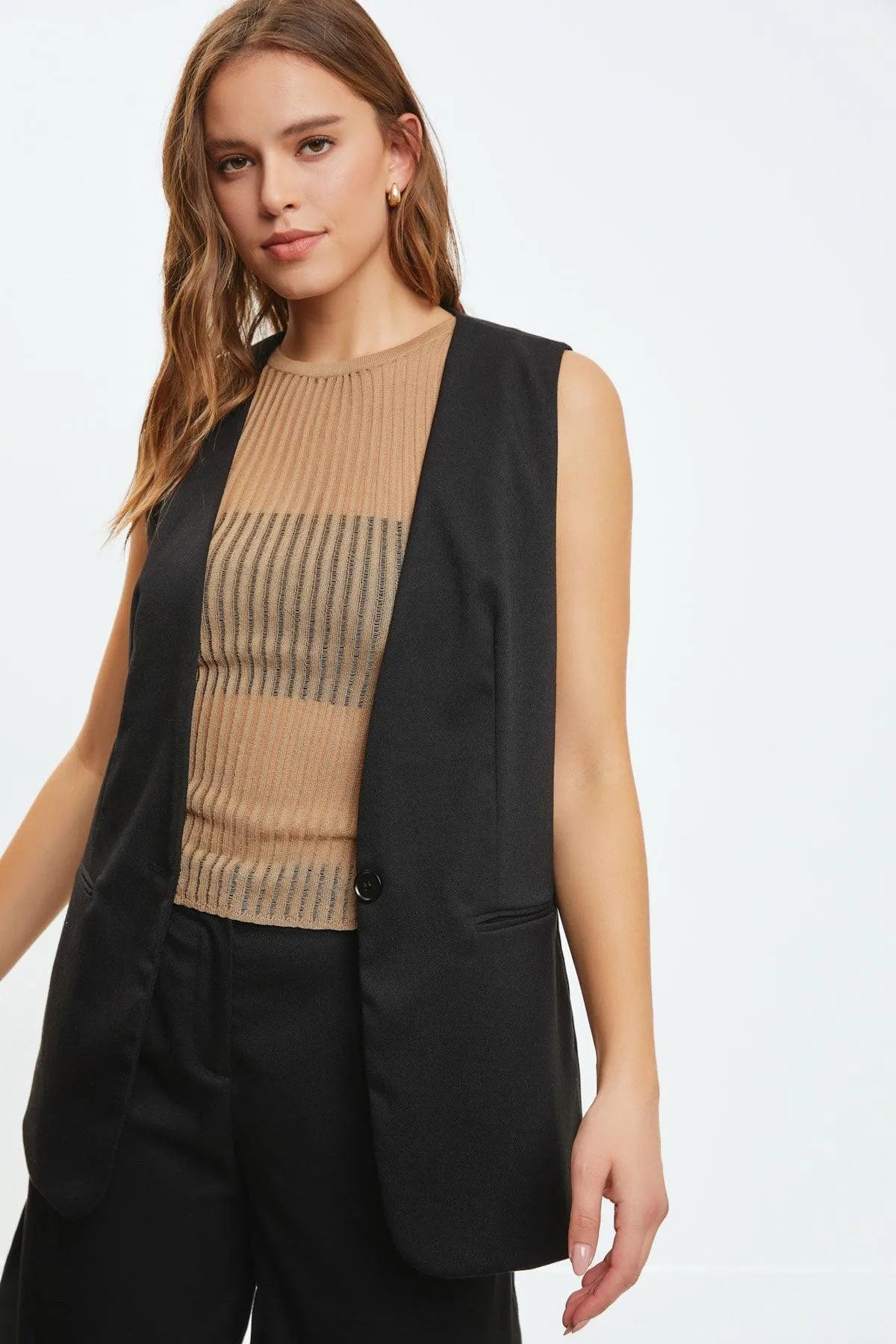 Oversized One-Button V-Neck Vest Top - Tasha Apparel Wholesale