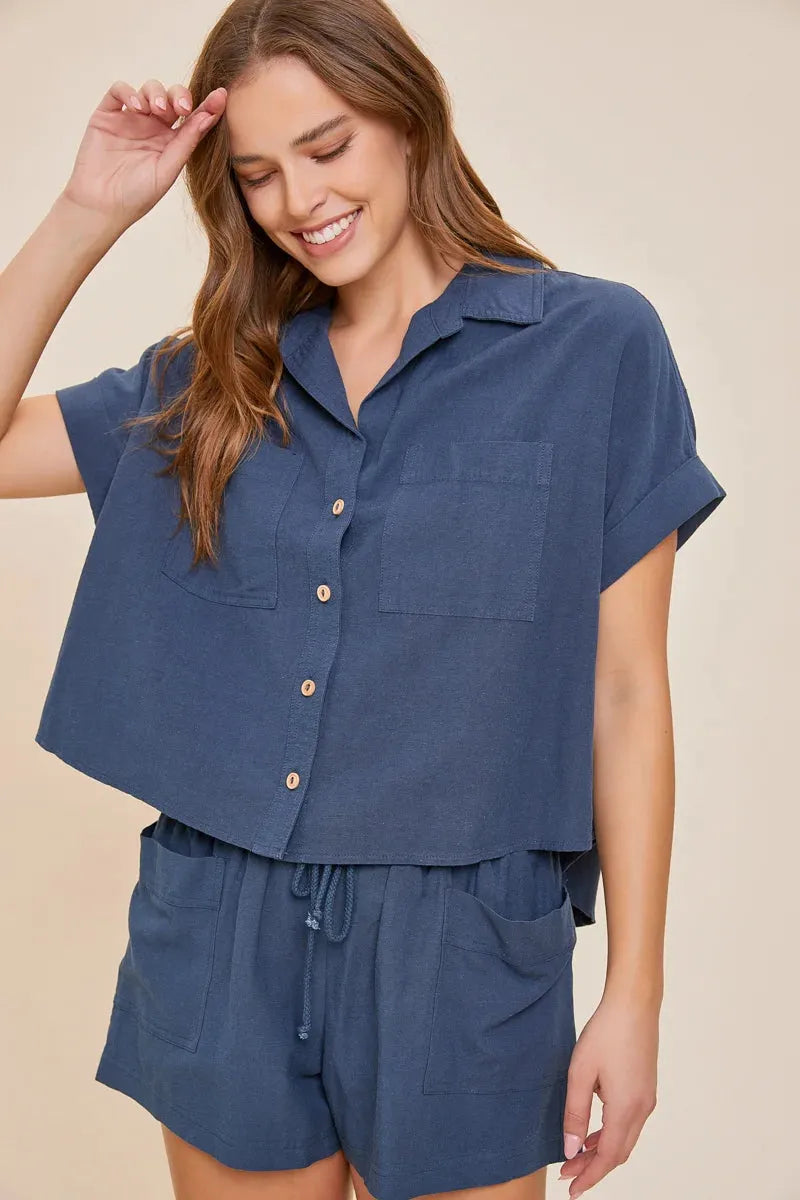Button-Down Short Sleeve Front Pocket Linen Shirt - Tasha Apparel Wholesale