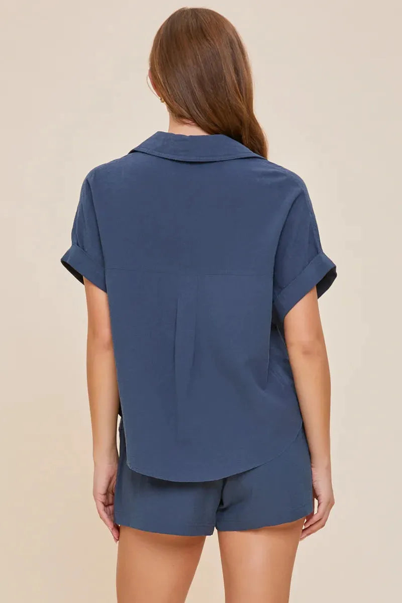 Button-Down Short Sleeve Front Pocket Linen Shirt - Tasha Apparel Wholesale