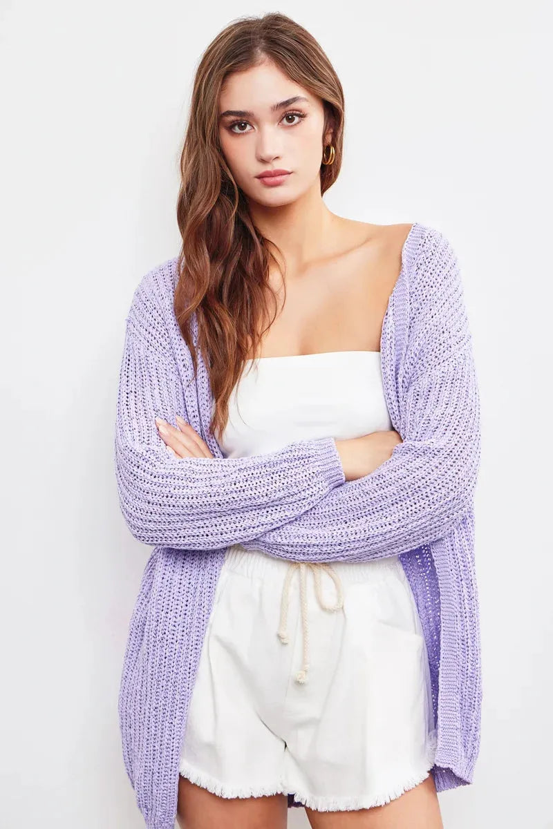 Open Knit Lavender Long Sleeve Cardigan - Tasha Apparel Wholesale