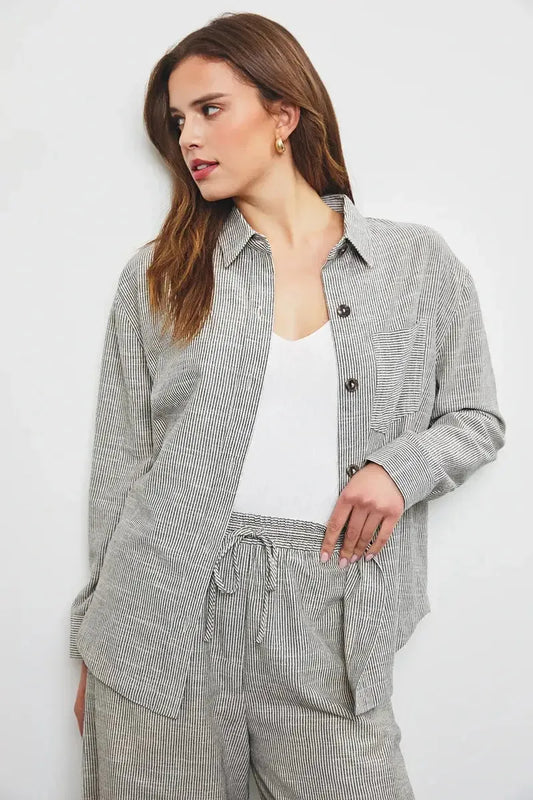 Long Sleeve Striped Collar Cotton Shirt - Tasha Apparel Wholesale