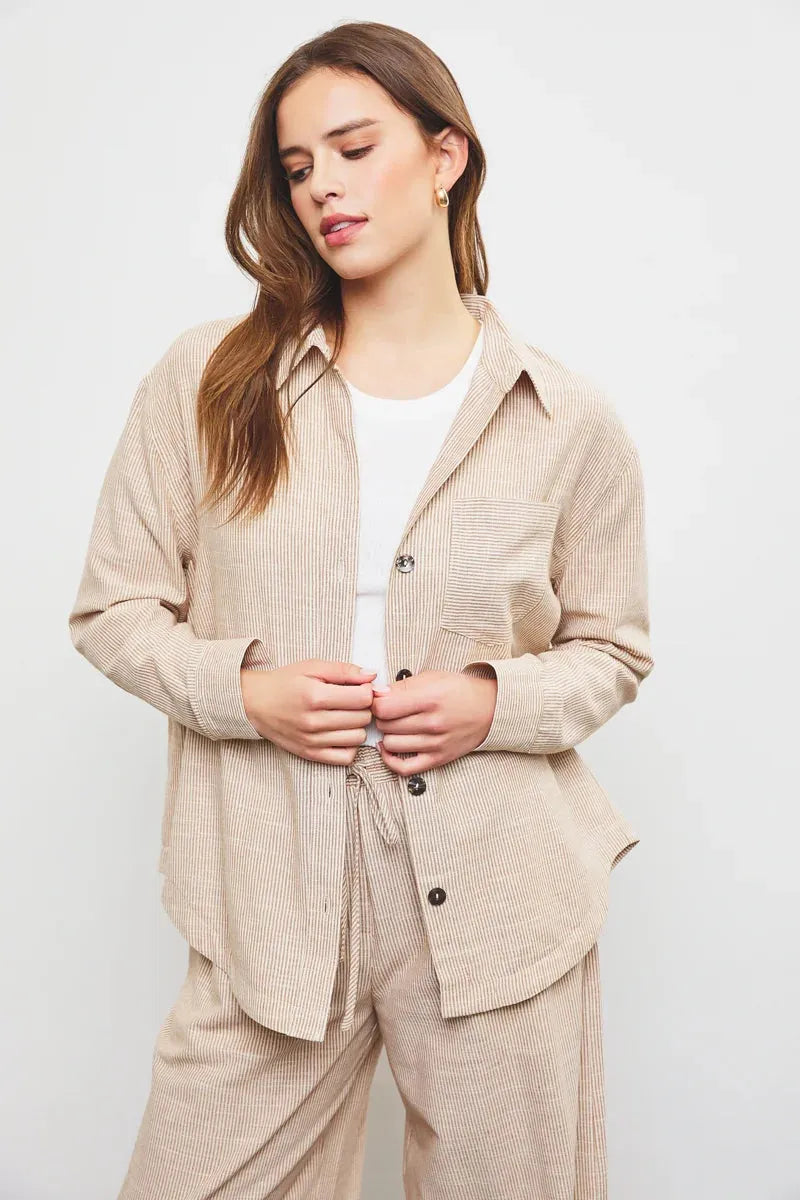 Long Sleeve Striped Collar Cotton Shirt - Tasha Apparel Wholesale
