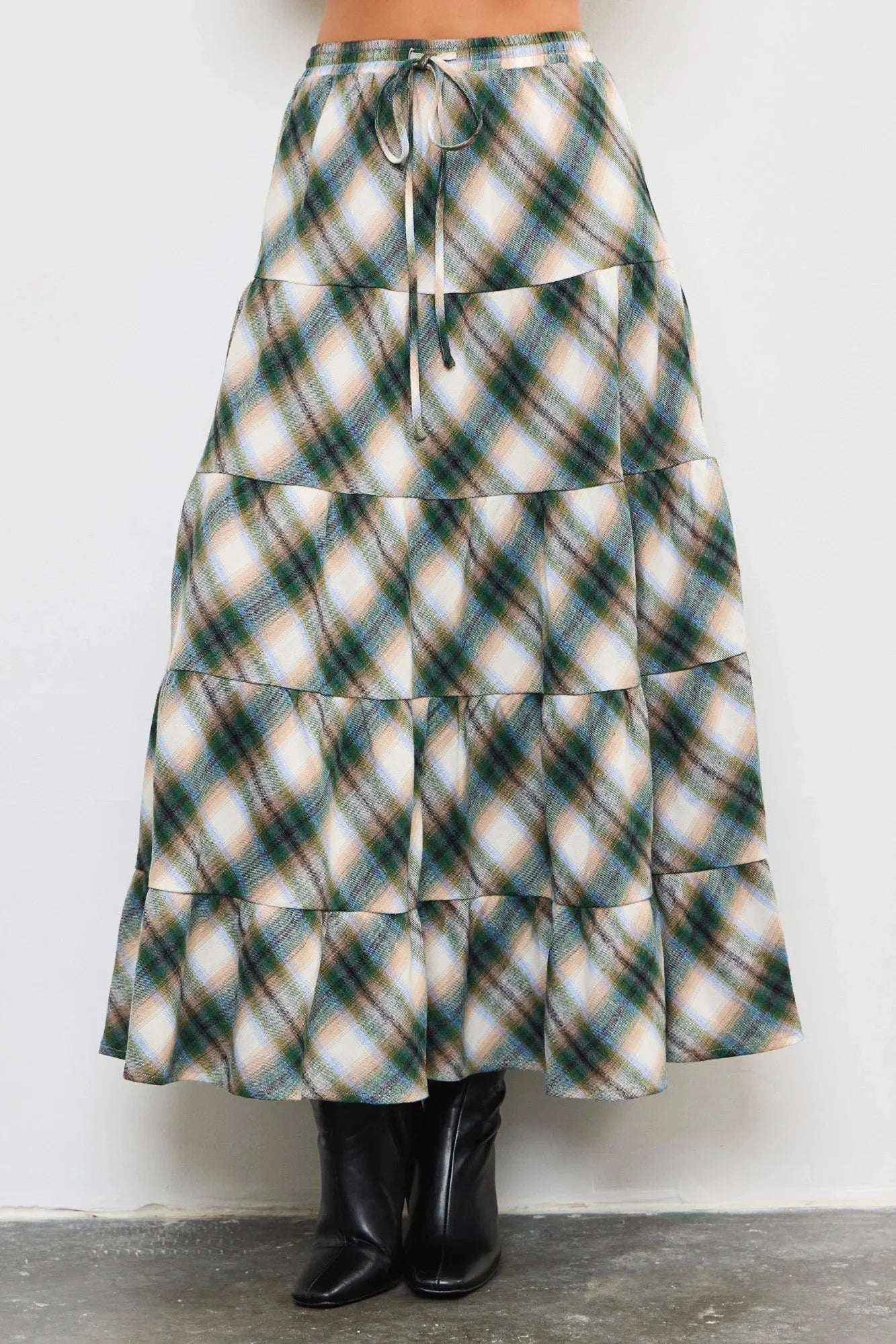 Flannel Plaid Tiered Hem Maxi Skirt - Tasha Apparel Wholesale