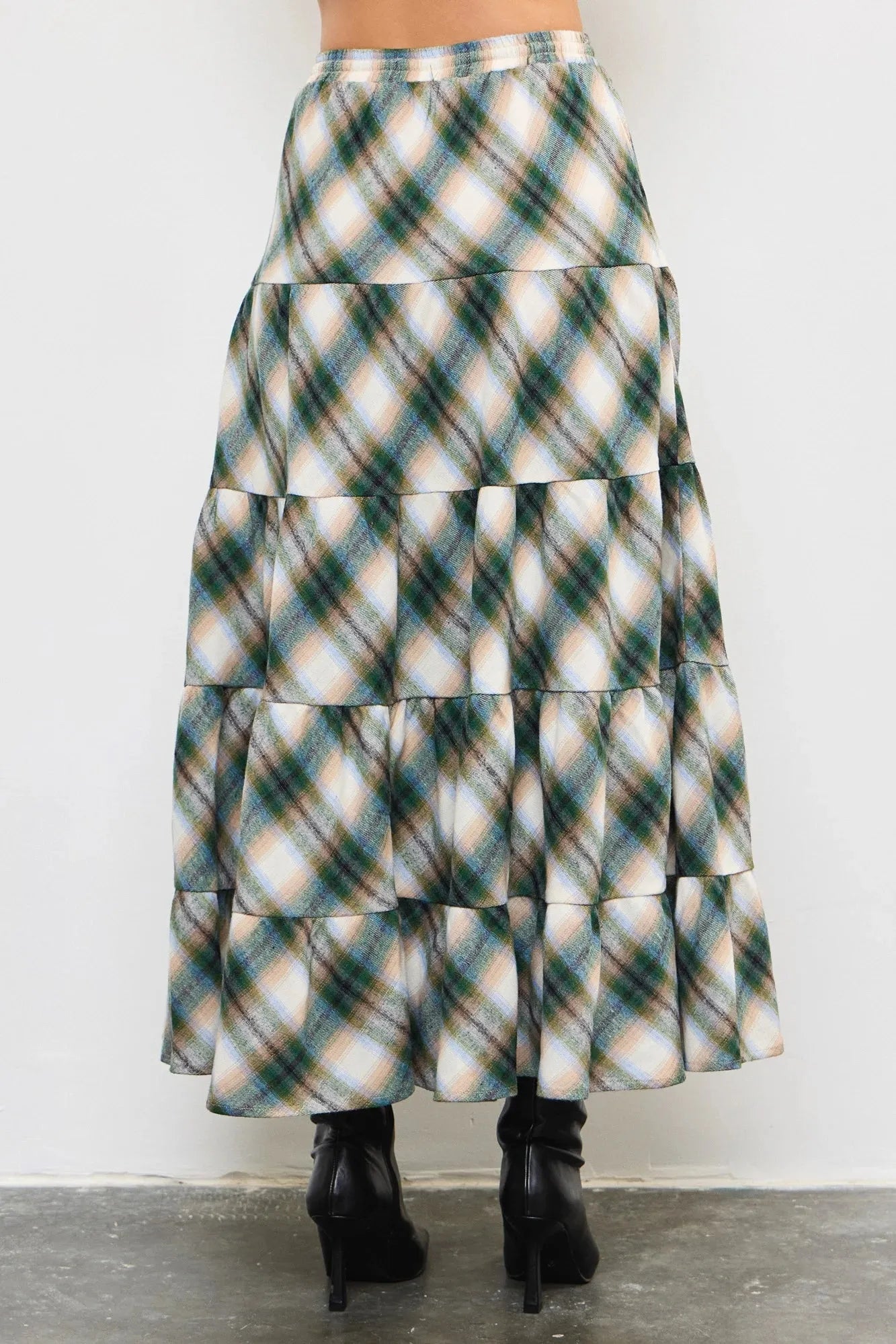 Flannel Plaid Tiered Hem Maxi Skirt - Tasha Apparel Wholesale