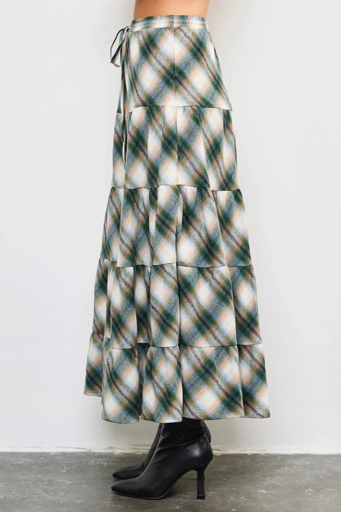 Flannel Plaid Tiered Hem Maxi Skirt - Tasha Apparel Wholesale