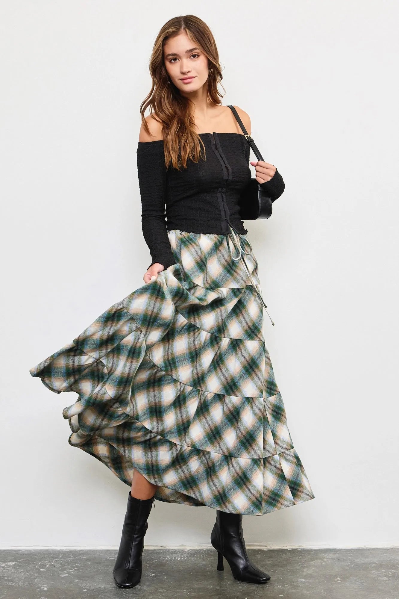 Flannel Plaid Tiered Hem Maxi Skirt - Tasha Apparel Wholesale