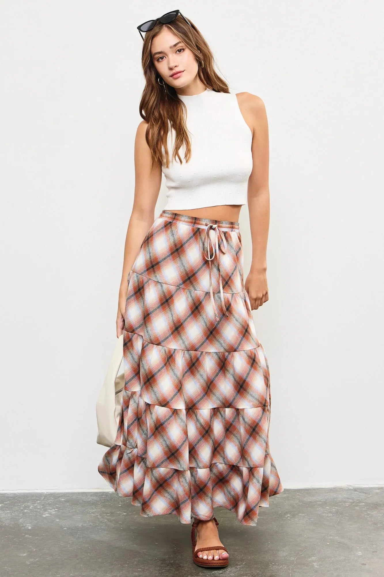 Flannel Plaid Tiered Hem Maxi Skirt - Tasha Apparel Wholesale