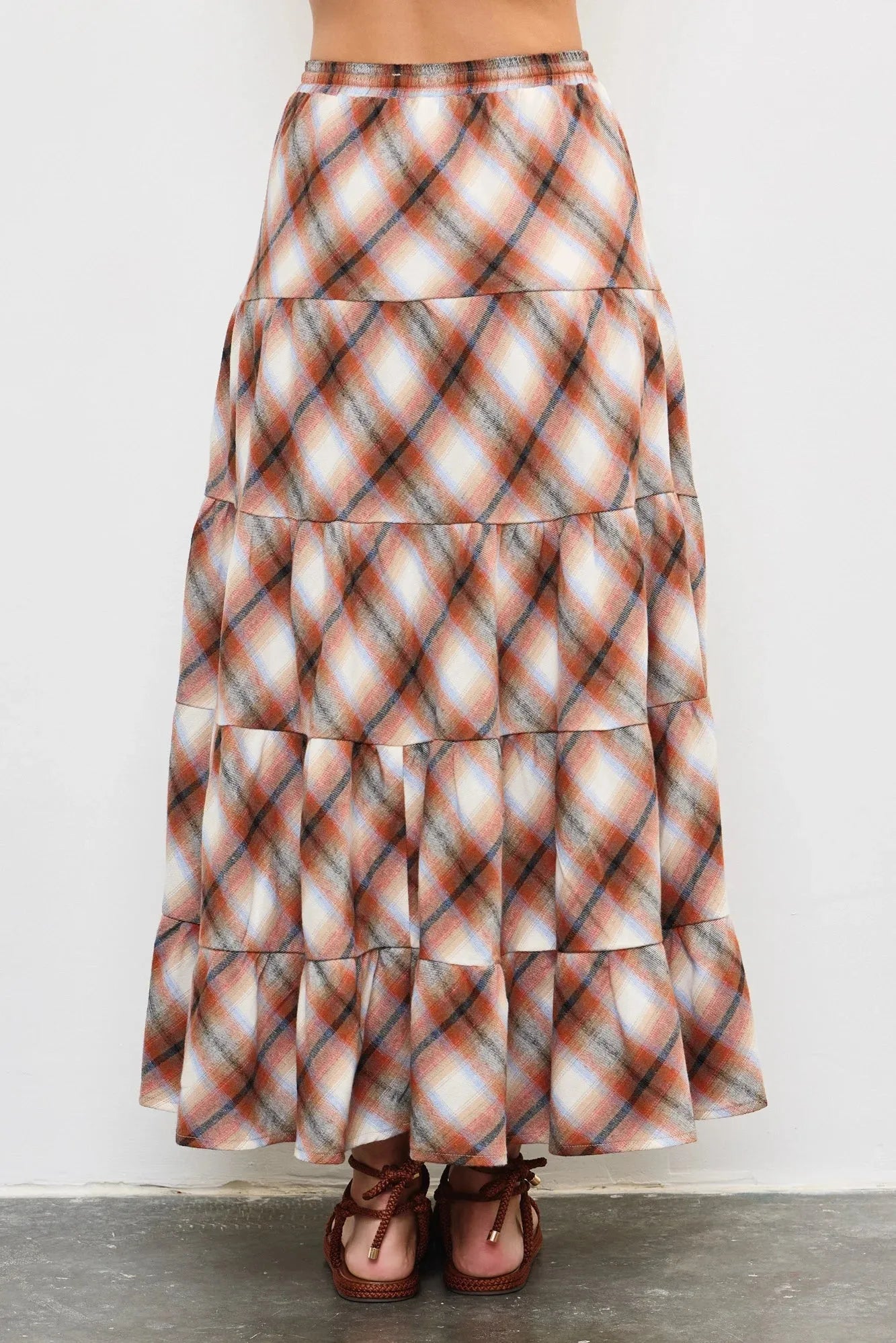 Flannel Plaid Tiered Hem Maxi Skirt - Tasha Apparel Wholesale