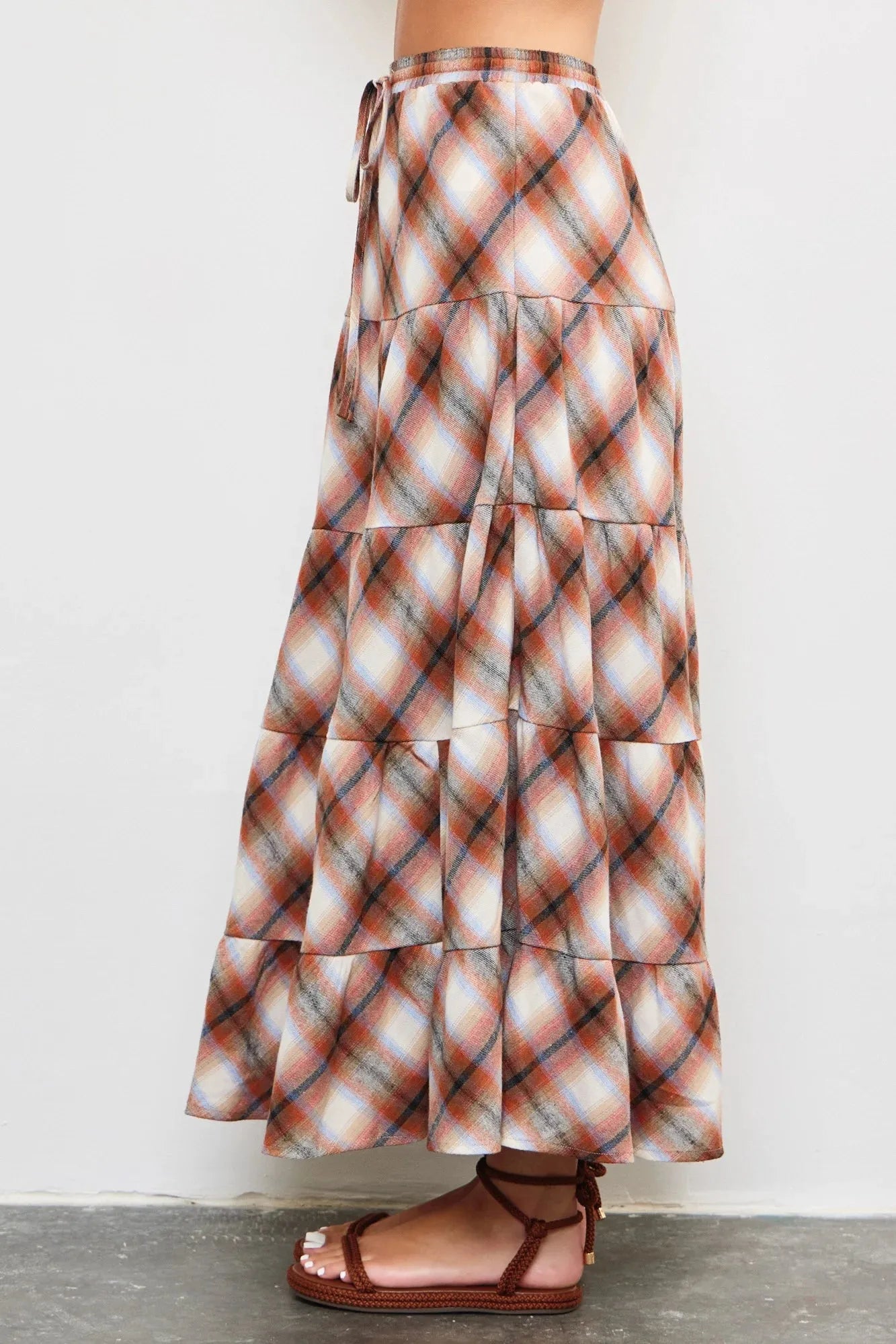 Flannel Plaid Tiered Hem Maxi Skirt - Tasha Apparel Wholesale